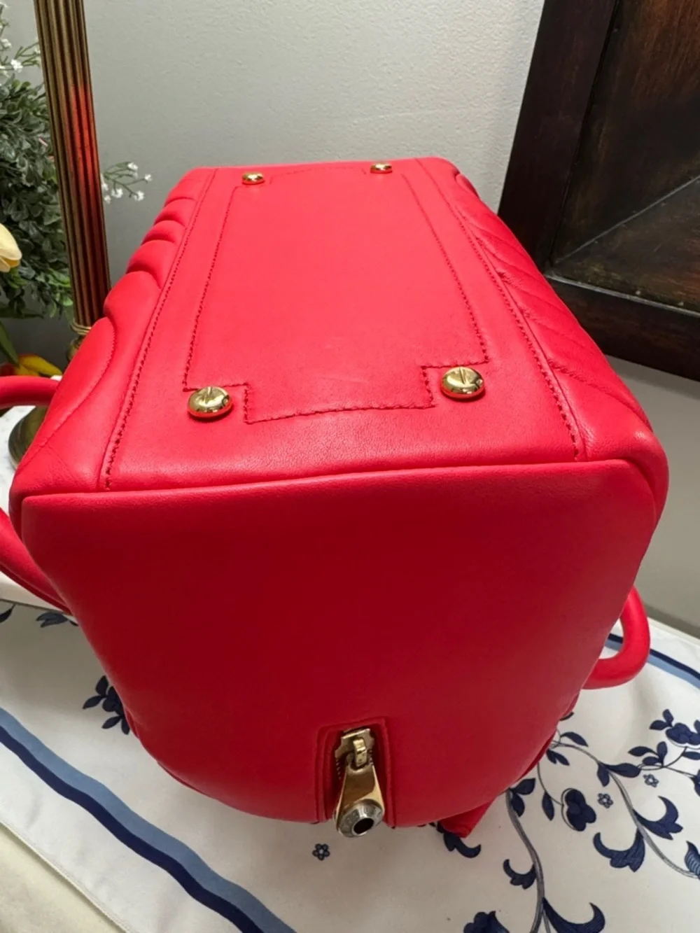 henri bendel Red Quilted Saffiano Leather Satchel Handbag EUC